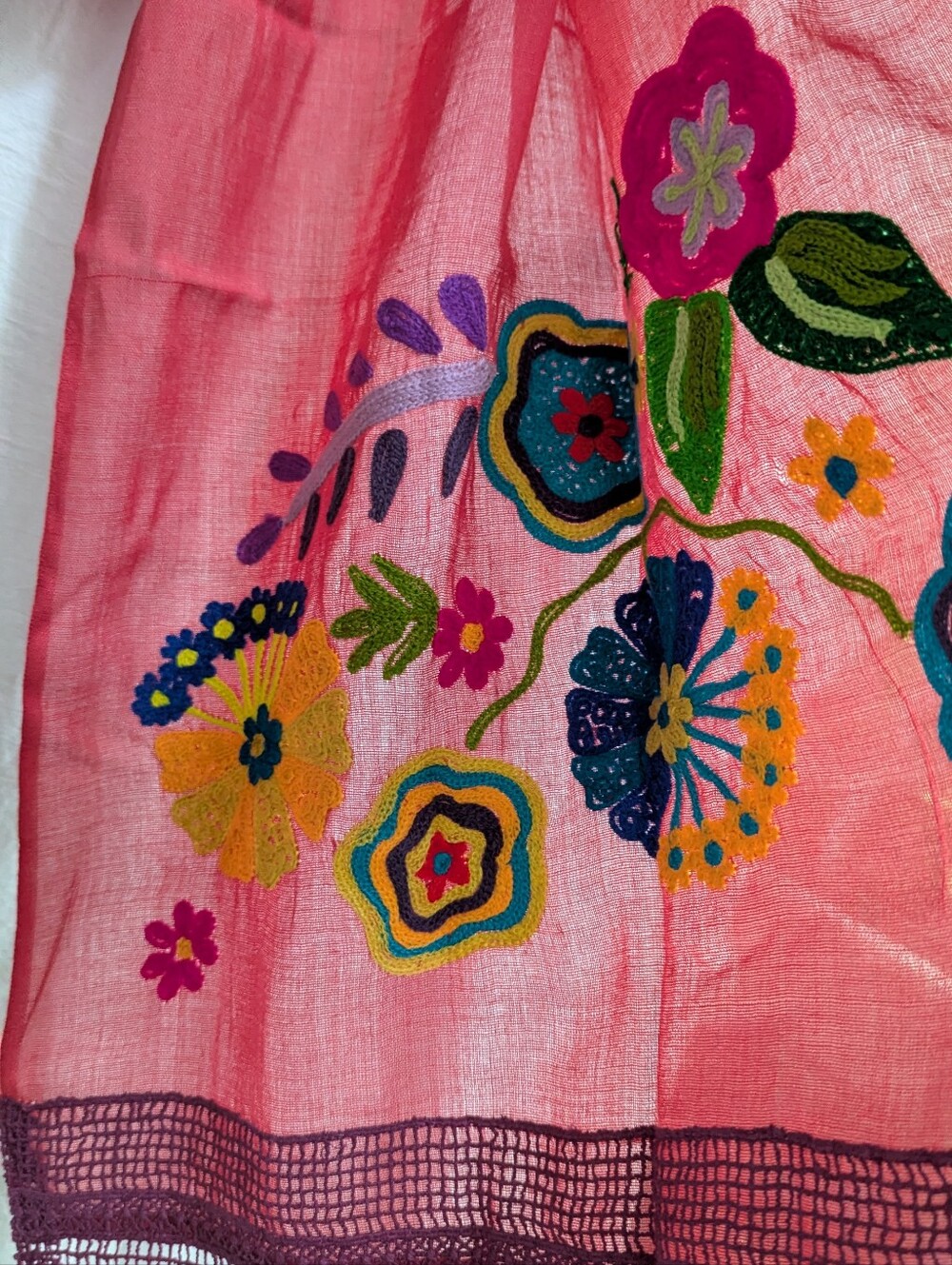 Colorful Embroidered Semi Sheer Scarf Crochet Fringe 19x76 Boho Gypsy - Picture 8 of 10